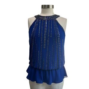 Cache Blue Beaded Blouse Fairy High Neck Size XS